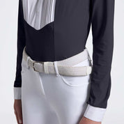 Close-up view of the perforations on the Charcoal Cavalleria Toscana American Long Sleeve Competition Shirt as worn by a female model