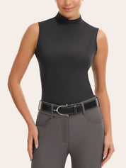 Front view of a female model wearing the smoke RJ Classics Corrie Mock Neck Shirt on a white background