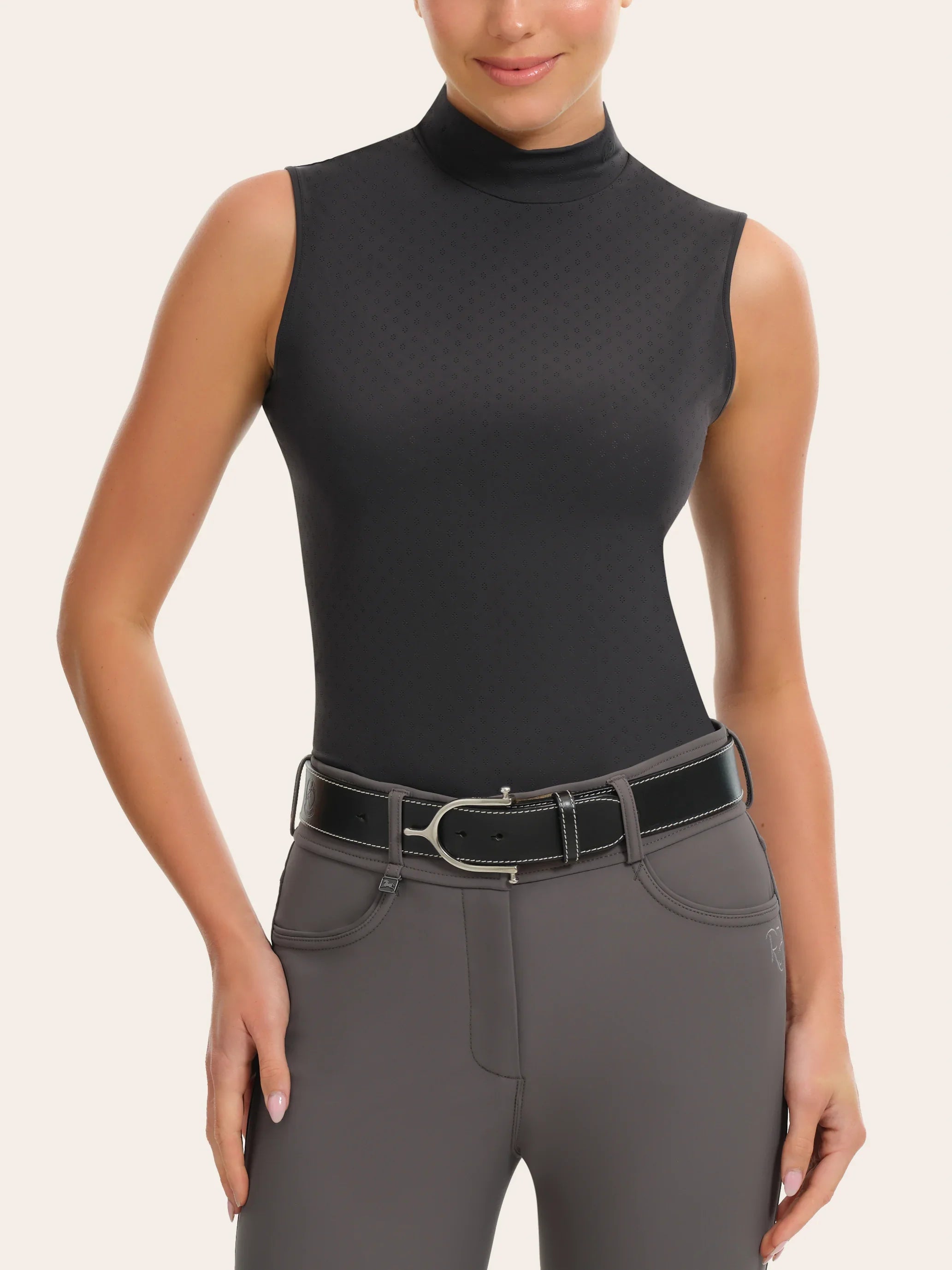 Front view of a female model wearing the smoke RJ Classics Corrie Mock Neck Shirt on a white background