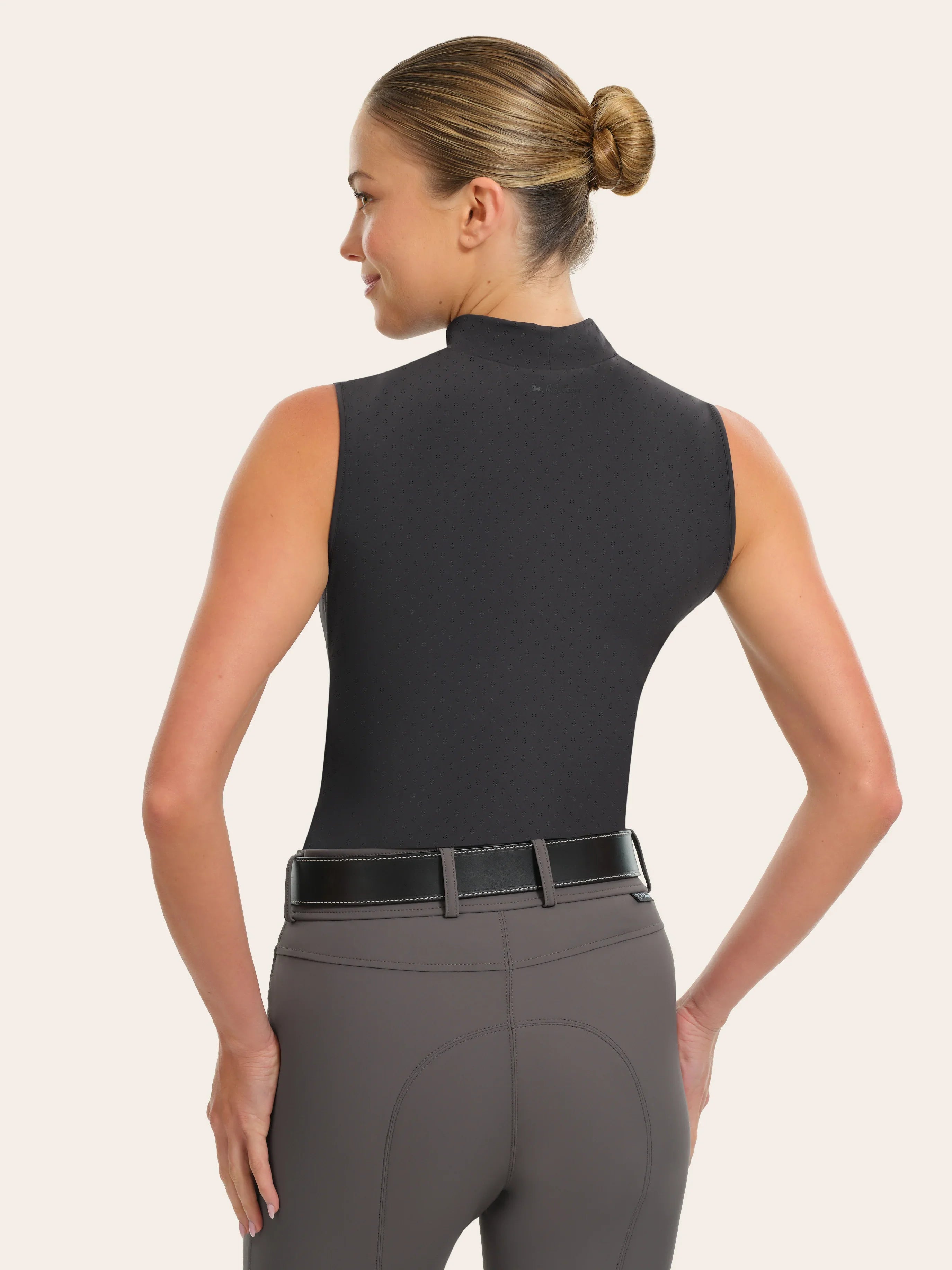 Back view of a female model wearing the smoke RJ Classics Corrie Mock Neck Shirt on a white background