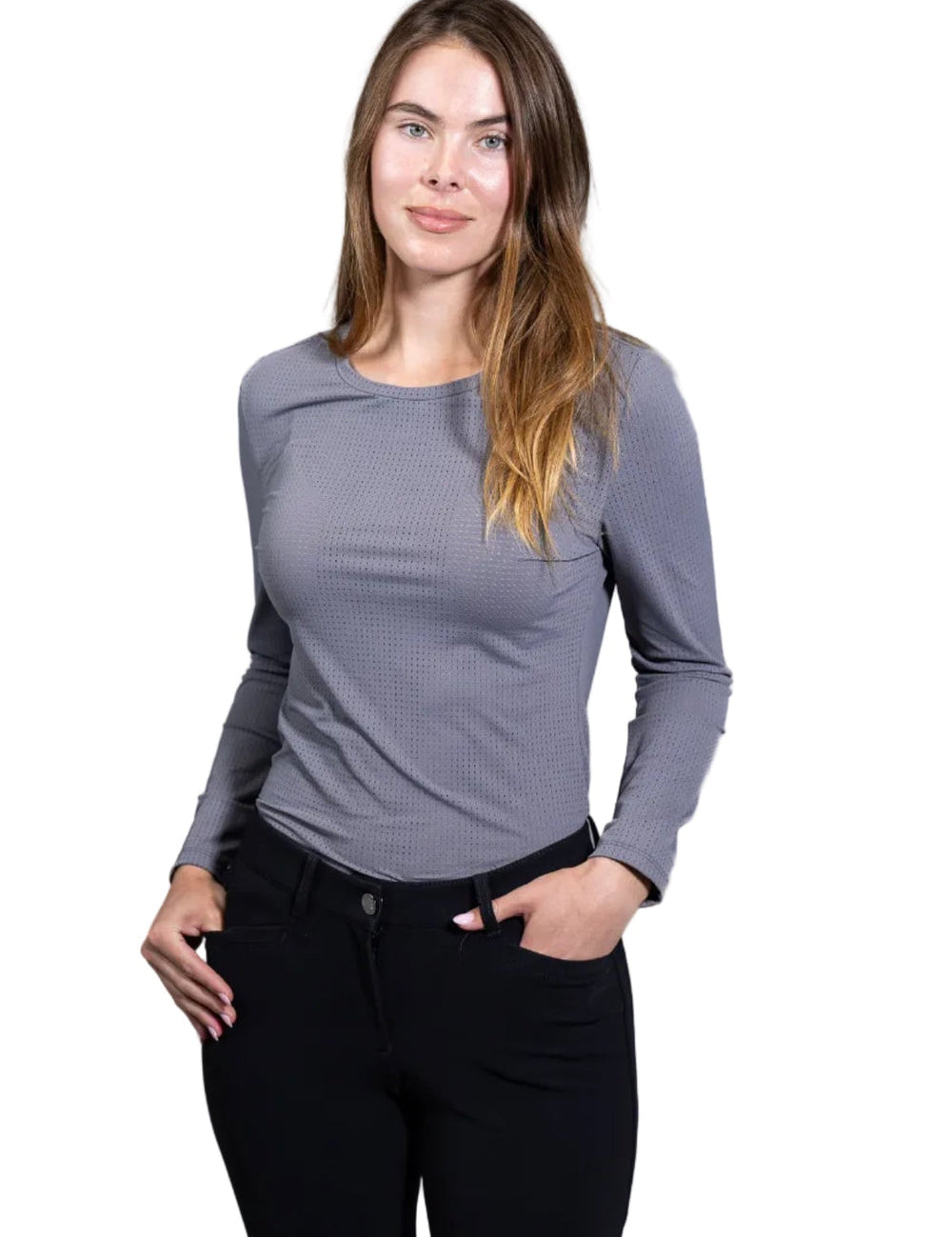 Front view of a female model wearing the Dove Equisite Cadence Perforated Long Sleeve Shirt on a white background