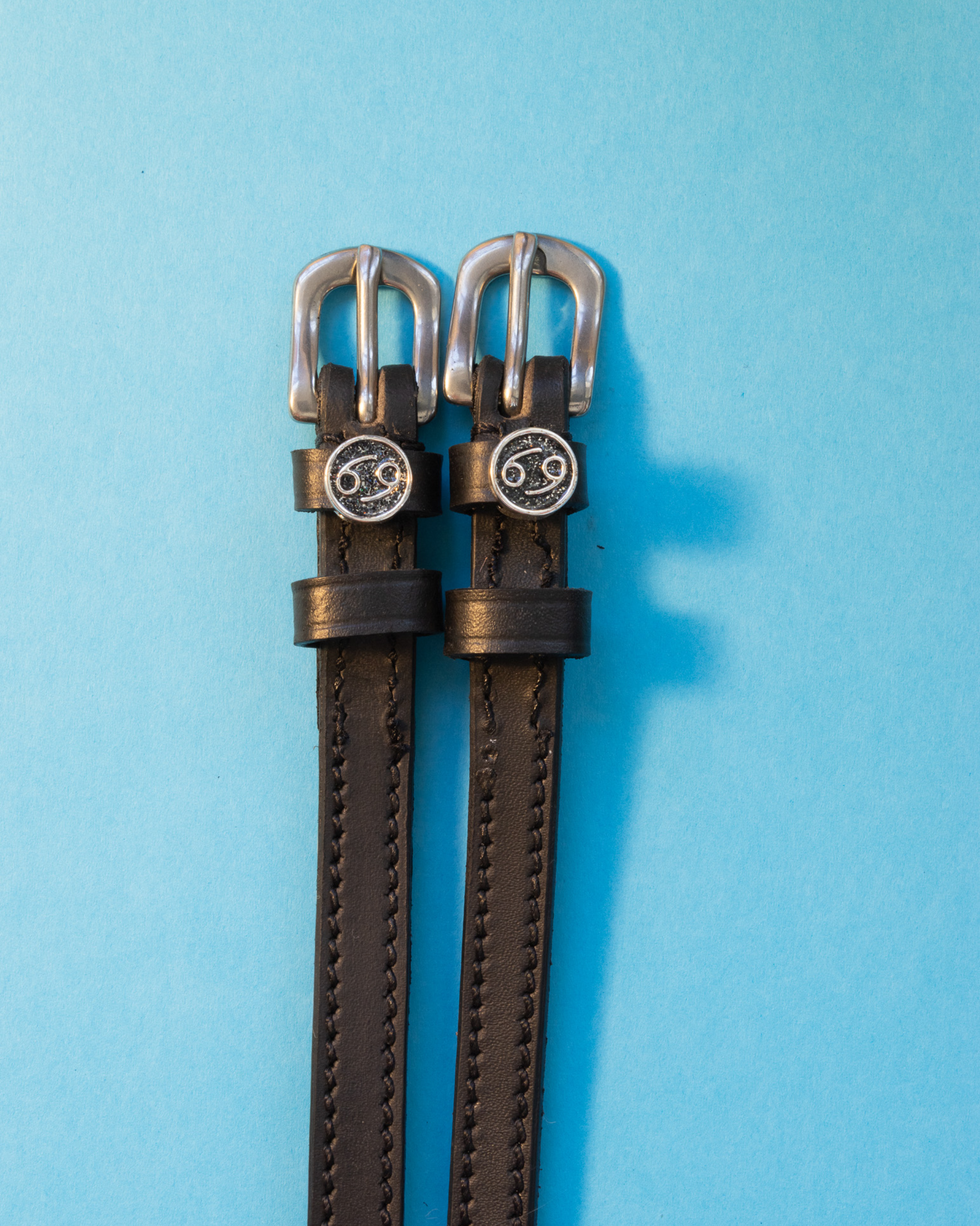 View of the Cancer Mane Jane Spur Straps  on a plain blue background