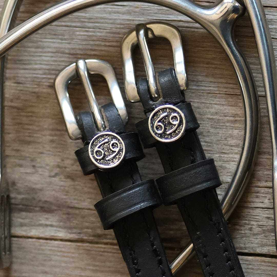 View of the Cancer Mane Jane Spur Straps  on a wood background