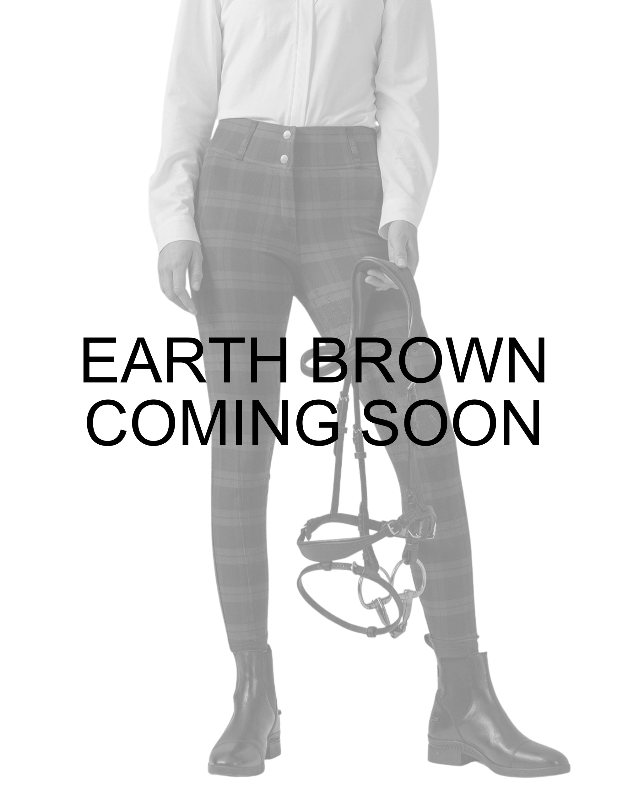 Coming Soon infographic showing a female model wearing the Earth Brown PS of Sweden Britney Checked Full Seat Breeches on a plain background