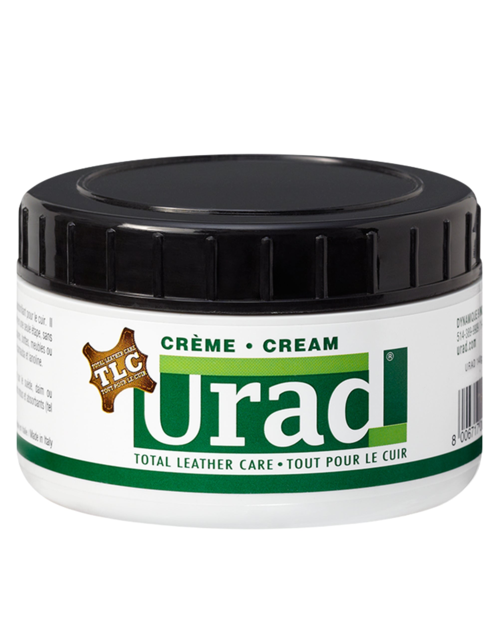 Front view of a 5oz container of Urad Total Leather Care Cream in black on a white background