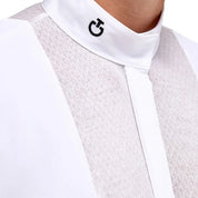Close up view of white long sleeve lace bib show shirt with black logo on collar shown on model