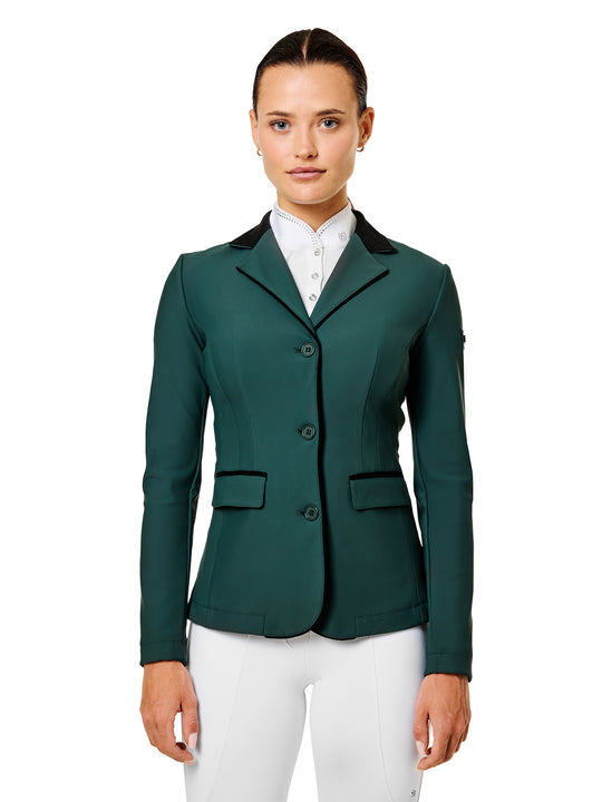 Front view of a female model wearing the Sycamore Green Equestrian Stockholm Classic Show Jacket on a plain background