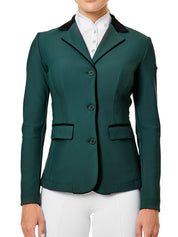 Front view of a female model wearing the Sycamore Green Equestrian Stockholm Classic Show Jacket on a plain background