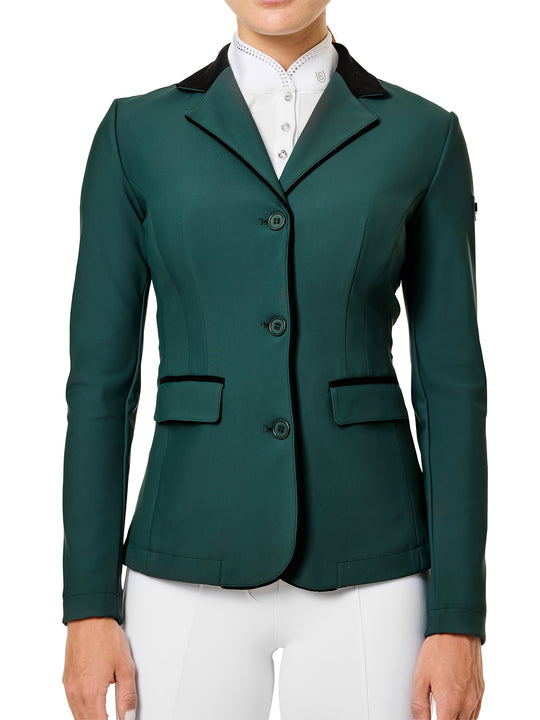 Front view of a female model wearing the Sycamore Green Equestrian Stockholm Classic Show Jacket on a plain background