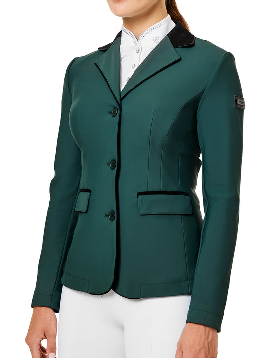 Front view of a female model wearing the Sycamore Green Equestrian Stockholm Classic Show Jacket on a plain background