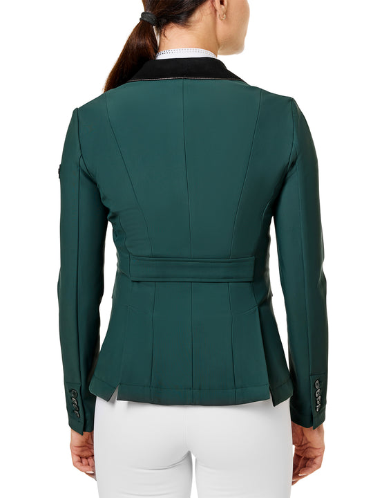 Back view of a female model wearing the Sycamore Green Equestrian Stockholm Classic Show Jacket on a plain background