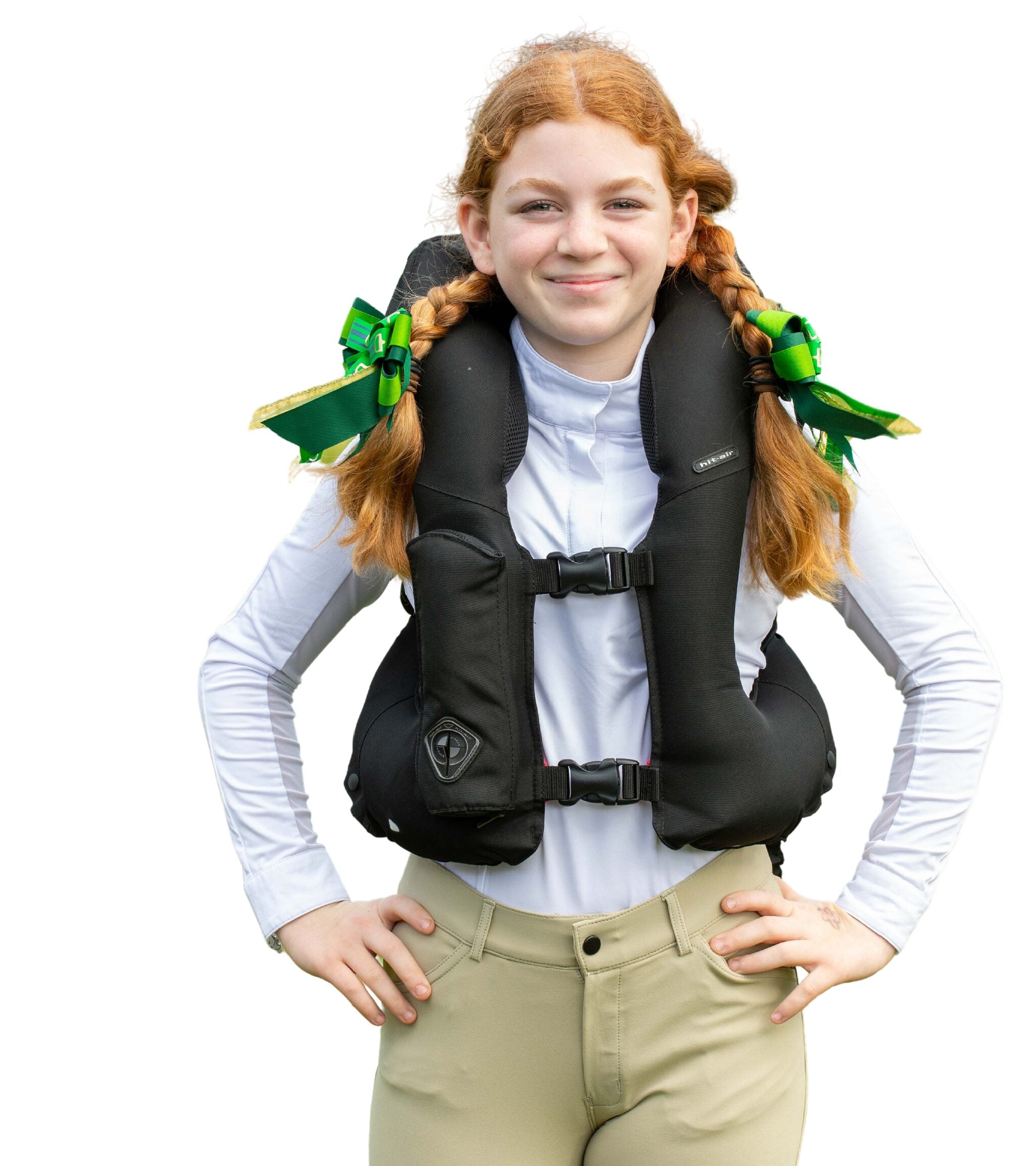 Front view of a young female model wearing an inflated Black Hit Air SV3 Airbag Vest on a white background