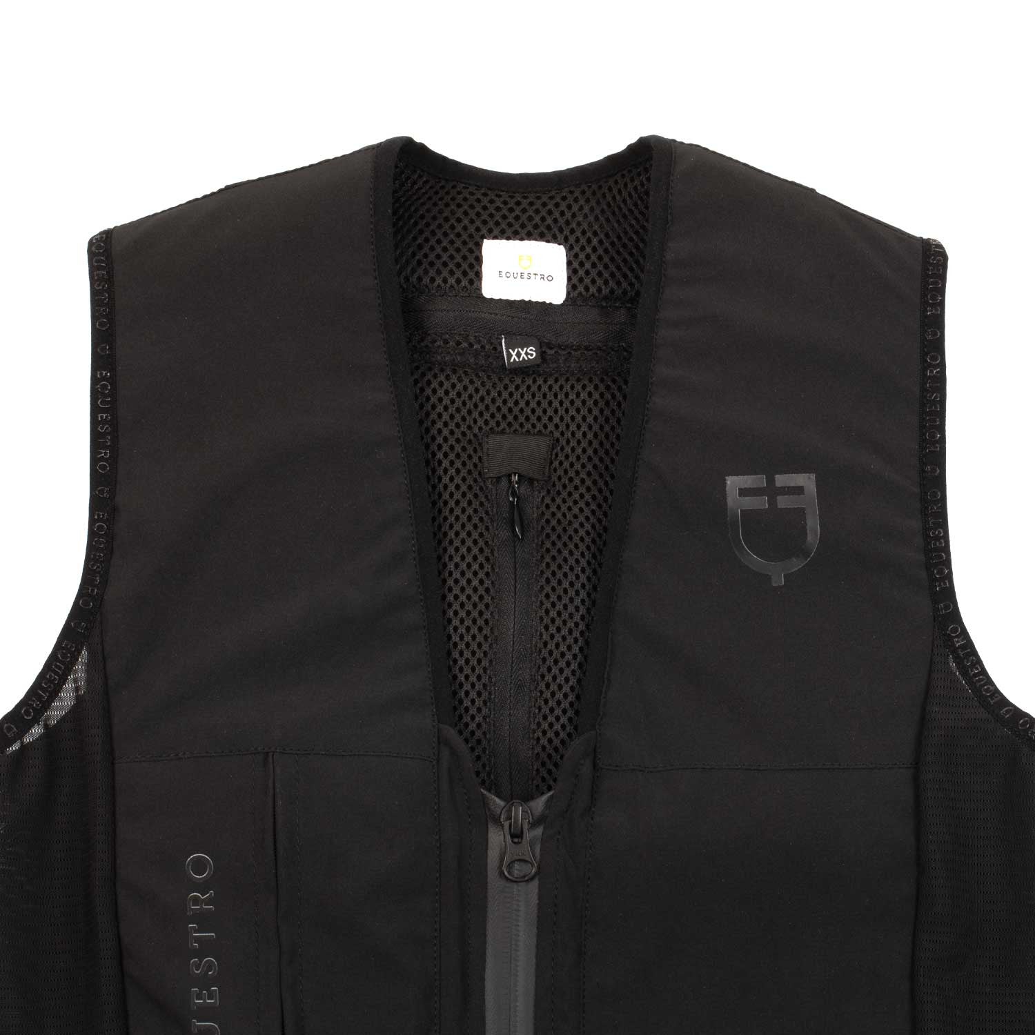 Close-up front view of the Black Equestro Airbag Safety Vest on a plain background