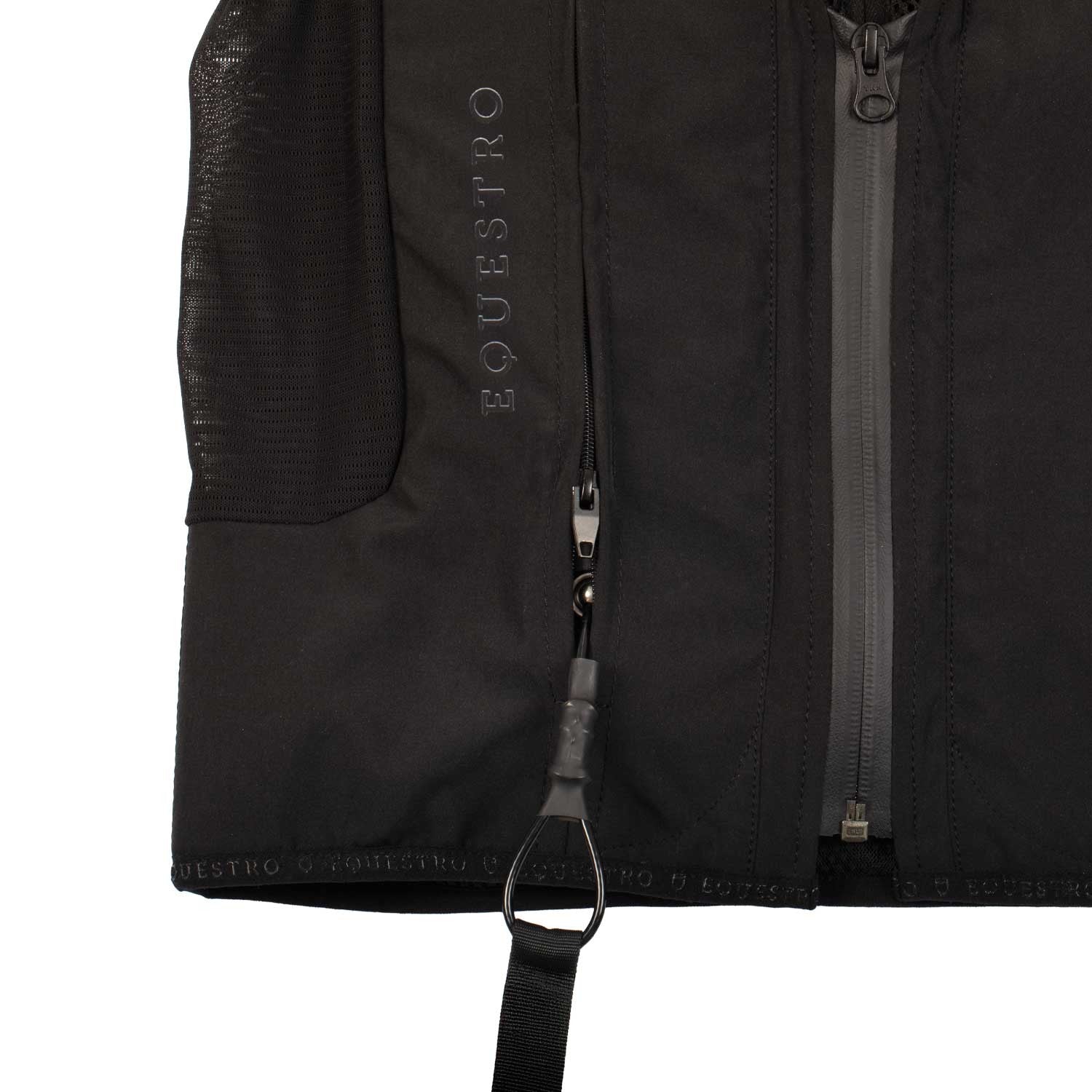 Close-up front view of the strap on the Black Equestro Airbag Safety Vest on a plain background
