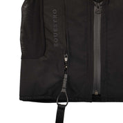 Close-up front view of the strap on the Black Equestro Airbag Safety Vest on a plain background