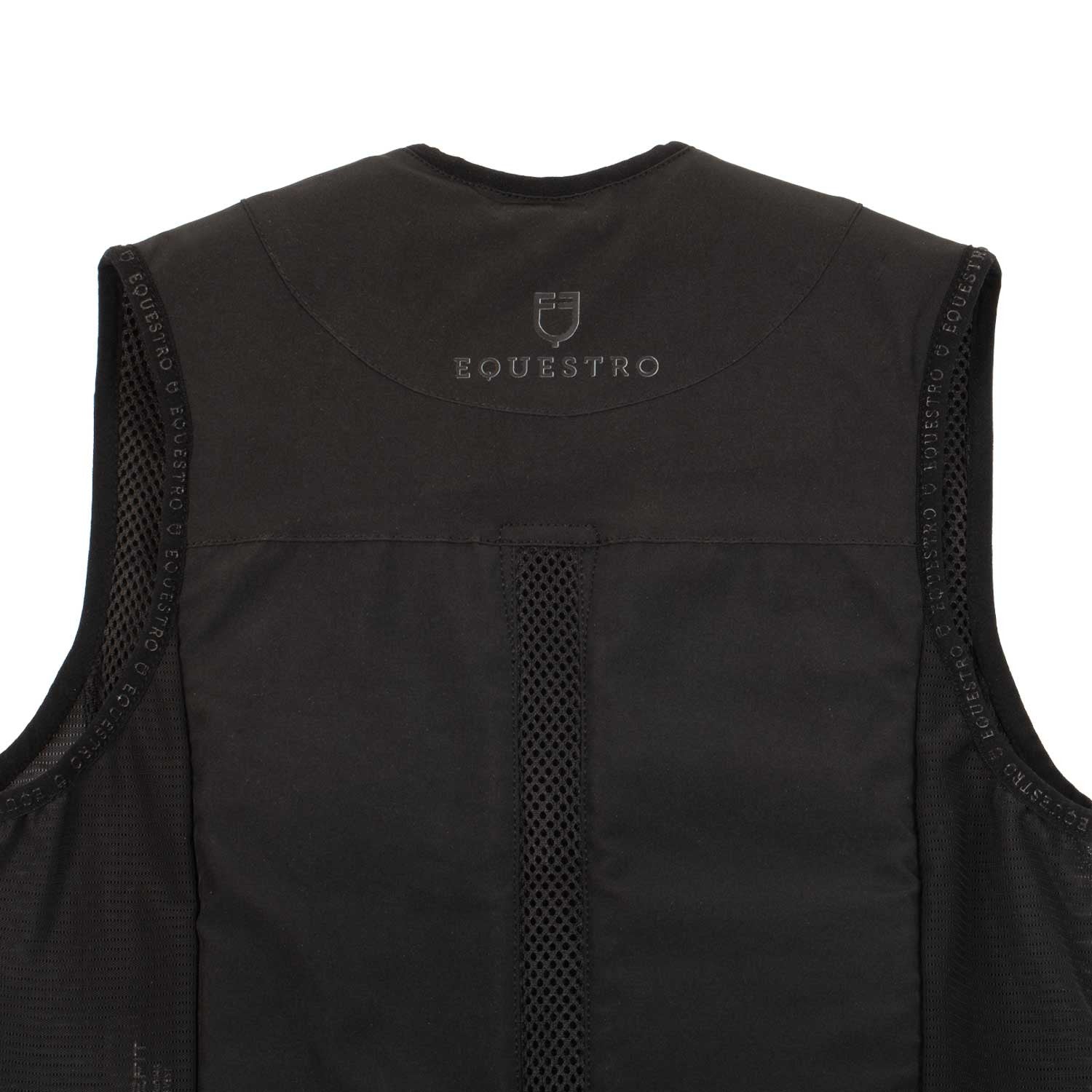 Close-up view of the Equestro name on the back of the Black Equestro Airbag Safety Vest on a plain background