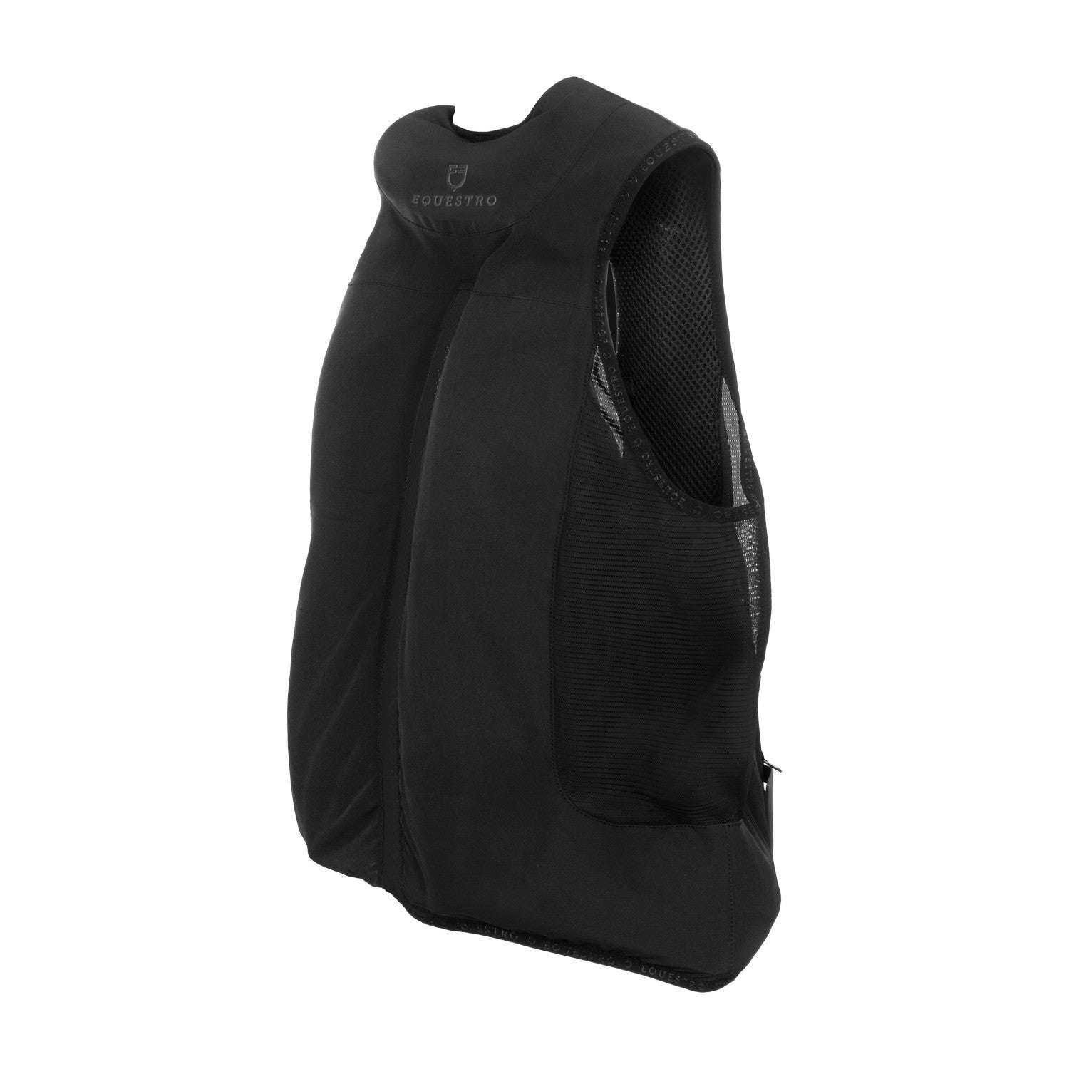 Angled back view of the inflated Black Equestro Airbag Safety Vest on a plain background