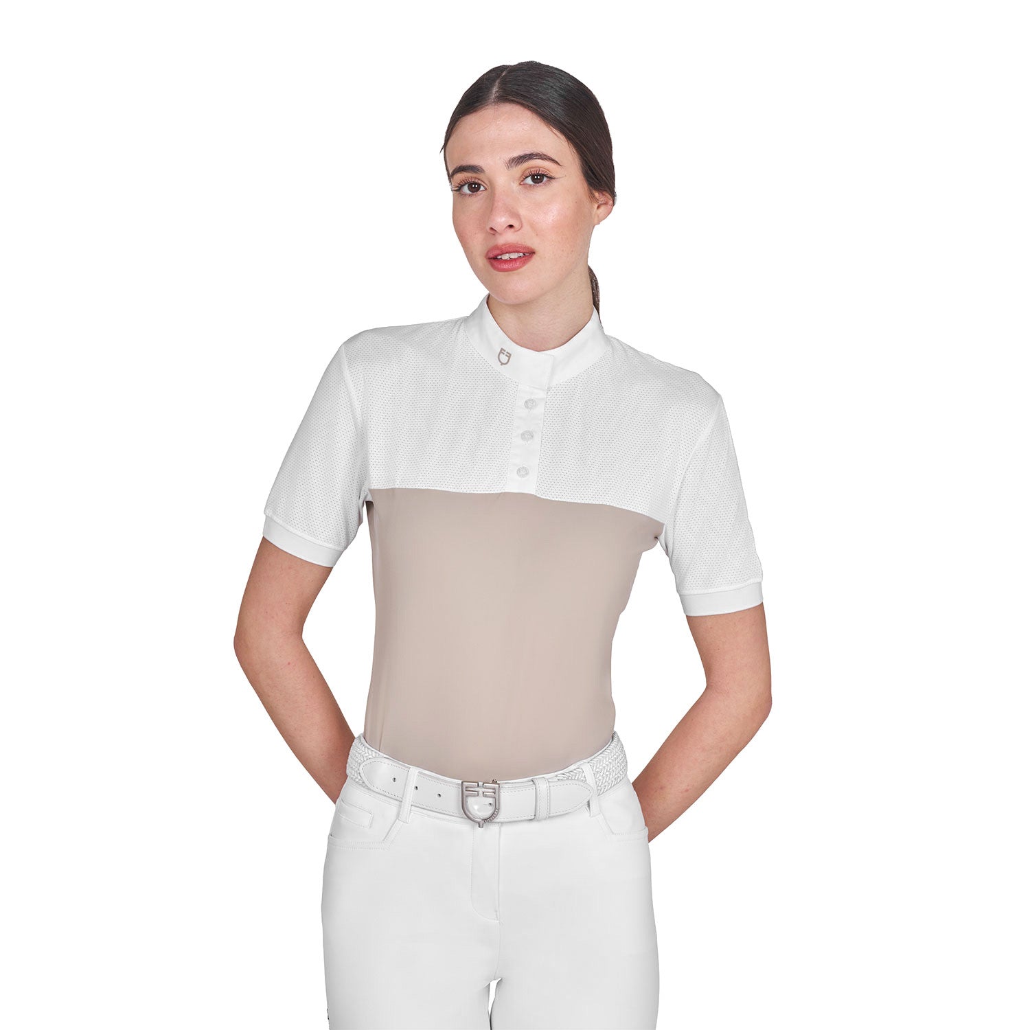 Front view of model wearing the Equestro Women's Slim Fit Polo Shirt In Technical Fabric And Mesh in tan and white on a white background