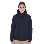 Front view of a female model wearing the Navy Blazer Equestro Water & Wind Repellent Down Jacket on a plain background