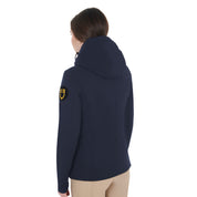Angled back view of a female model wearing the Navy Blazer Equestro Water & Wind Repellent Down Jacket on a plain background