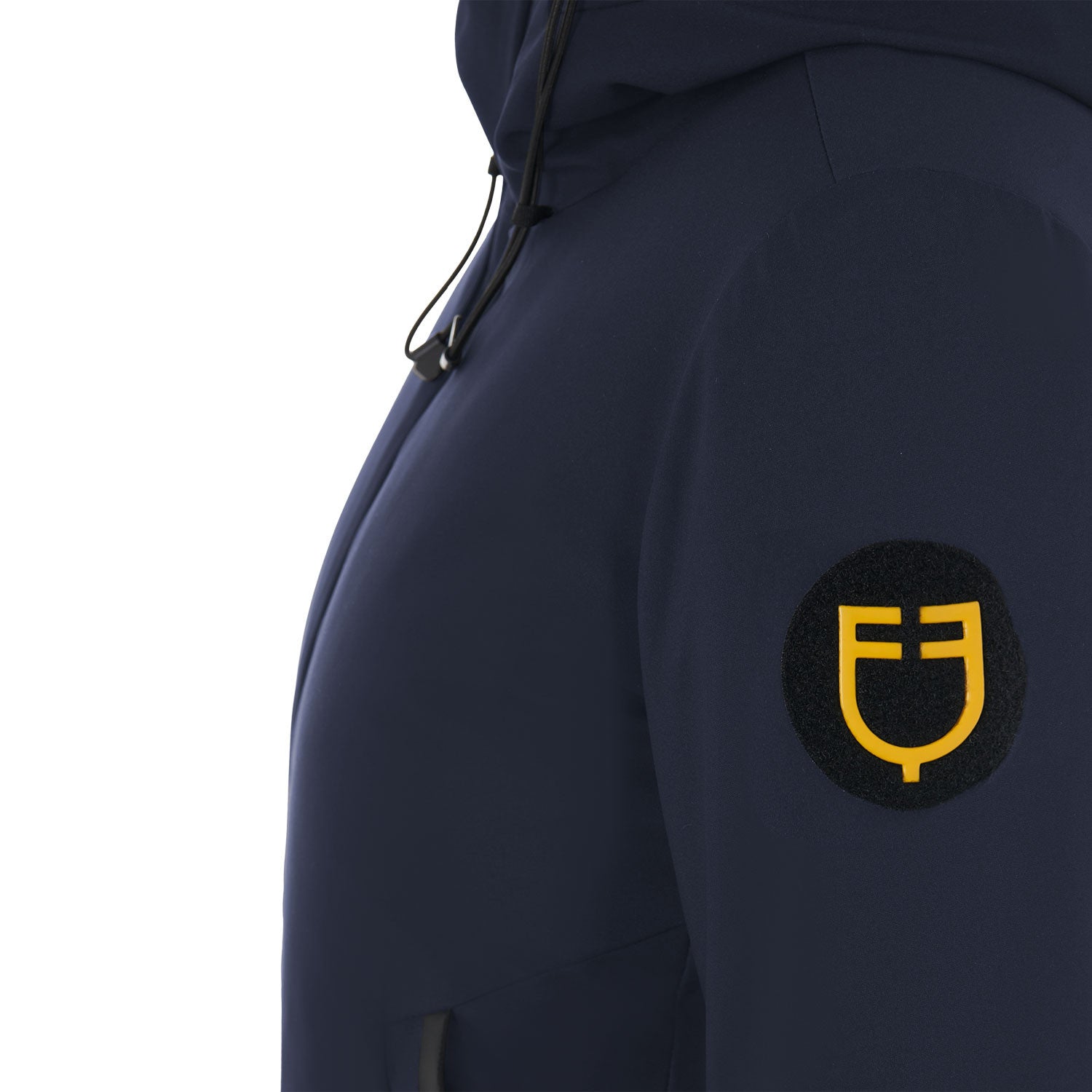 Close-up view of the Equestro logo on the sleeve of the Navy Blazer Equestro Water & Wind Repellent Down Jacket on a plain background