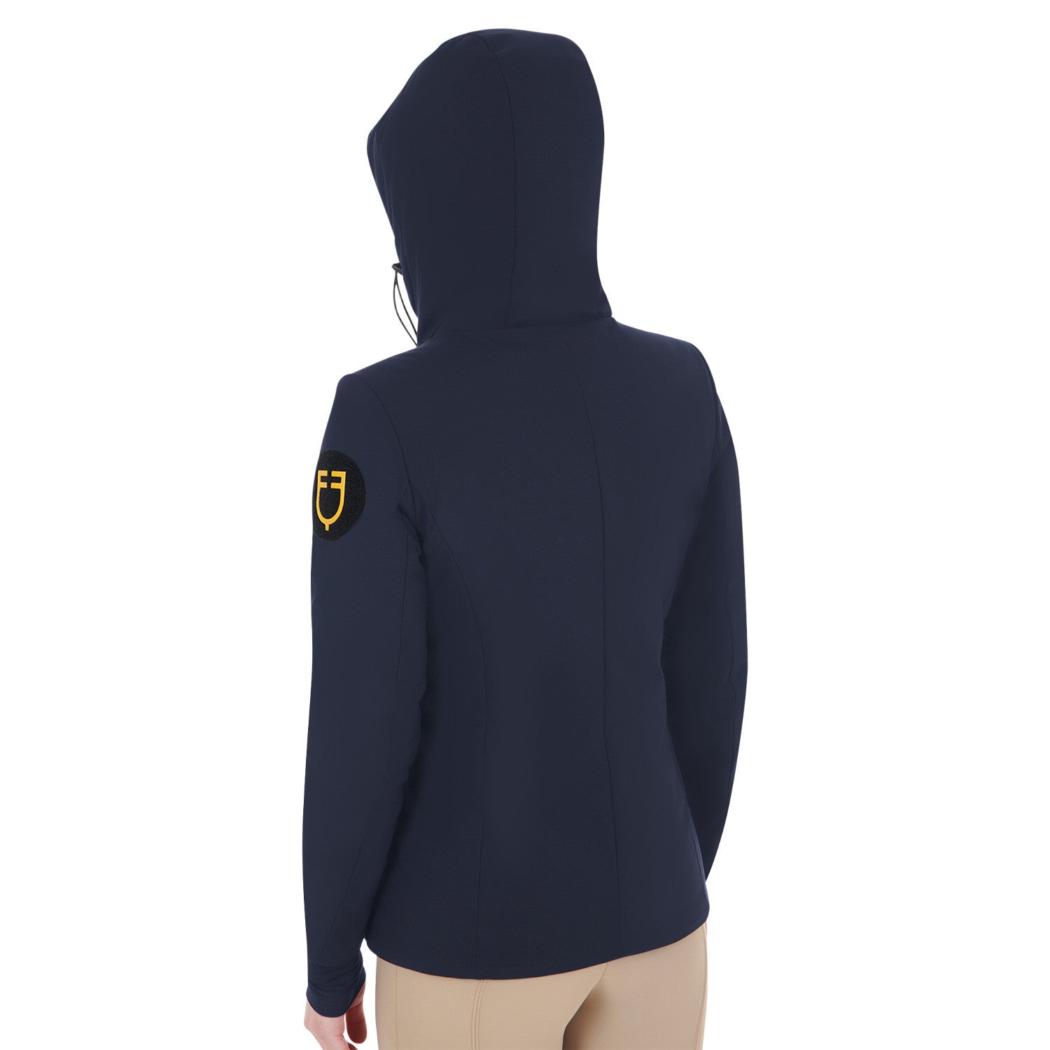 Back view of a female model wearing the Navy Blazer Equestro Water & Wind Repellent Down Jacket on a plain background