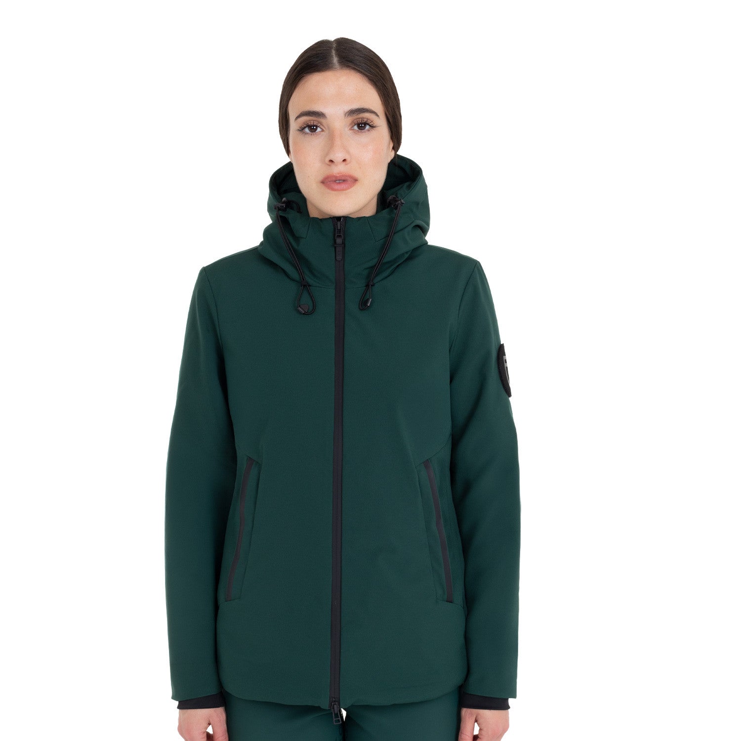 Front view of a female model wearing the Pine Grove Equestro Water & Wind Repellent Down Jacket on a plain background