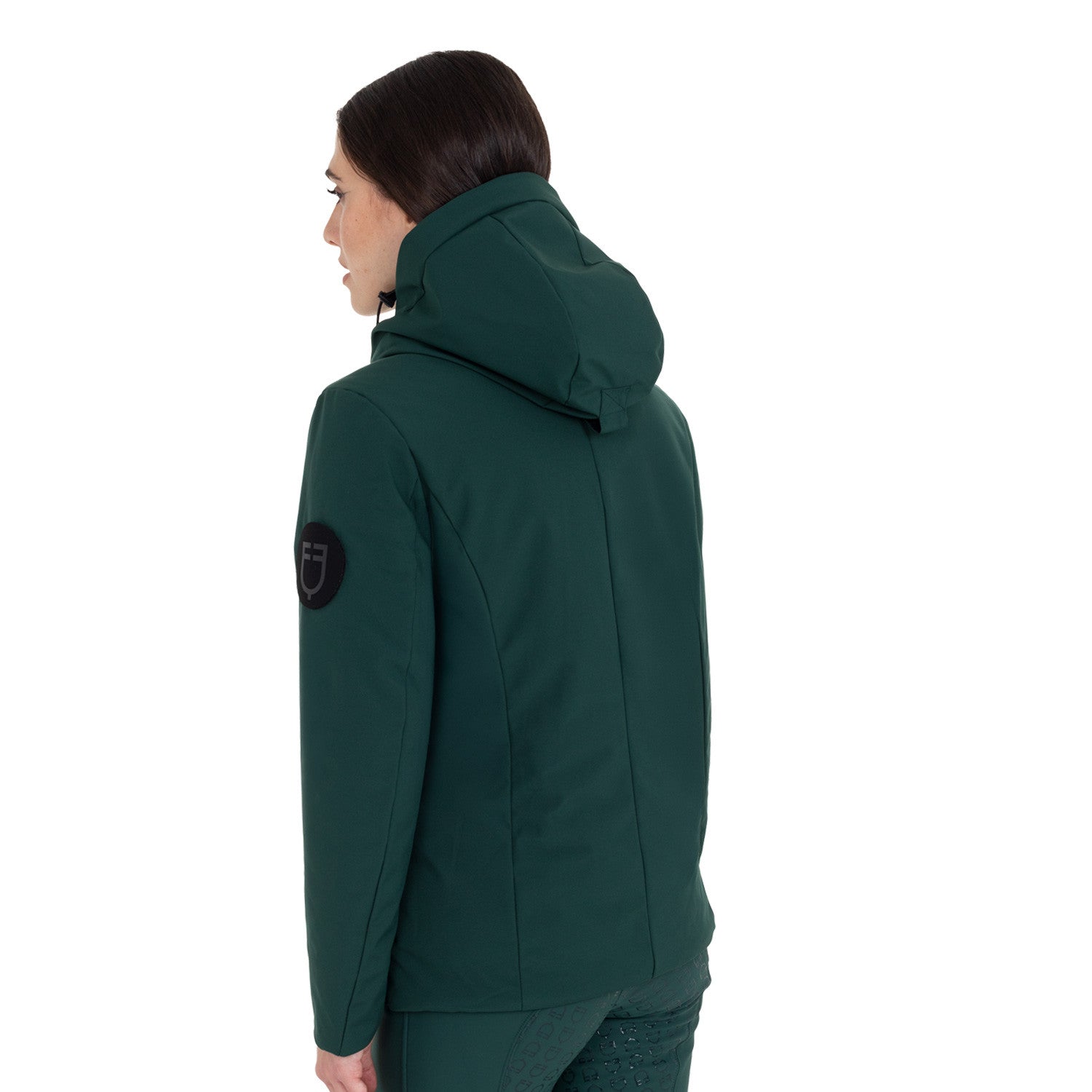 Angled back view of a female model wearing the Pine Grove Equestro Water & Wind Repellent Down Jacket on a plain background
