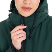 Close-up view of the zip on the Pine Grove Equestro Water & Wind Repellent Down Jacket as worn by a female model