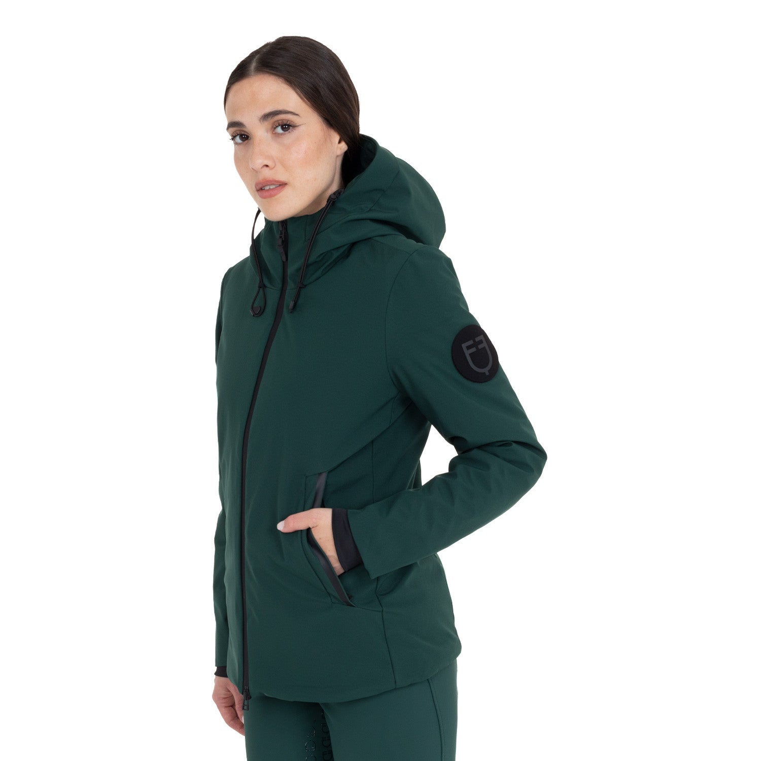 Angled front view of a female model wearing the Pine Grove Equestro Water & Wind Repellent Down Jacket on a plain background