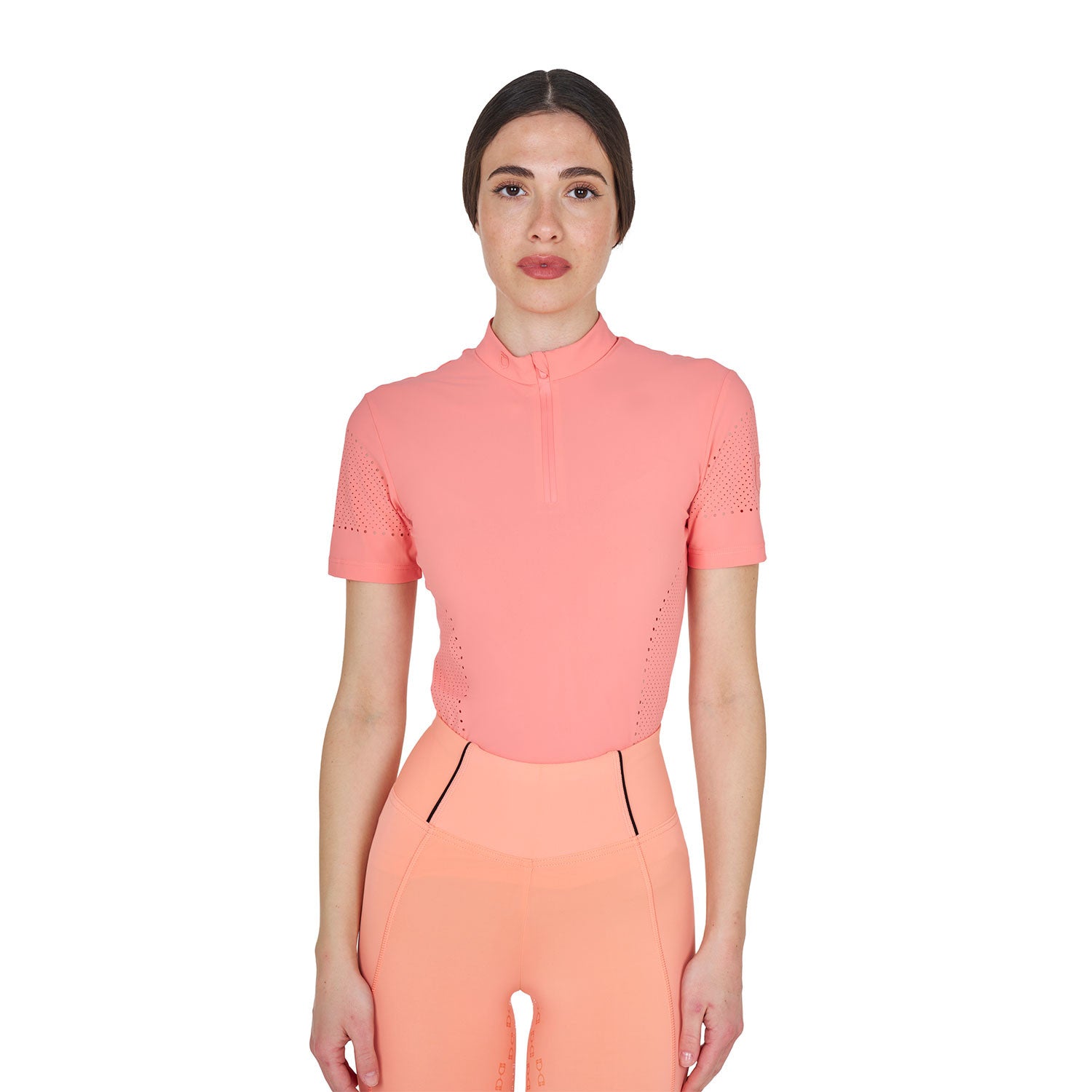 Front view of model wearing the Equestro Women's Training T-Shirt In Technical Fabric With Micro-Holes in pink on a white background