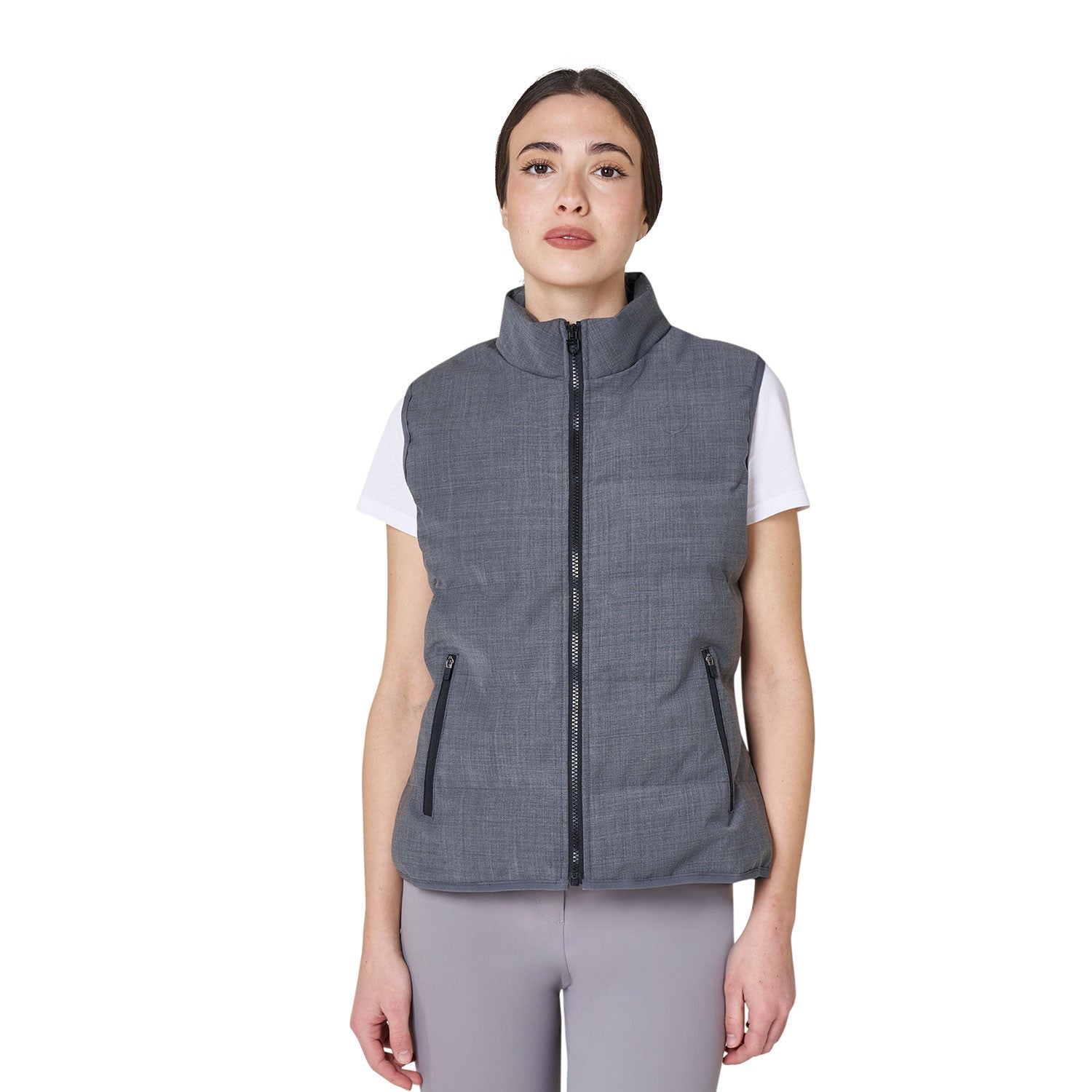 Front view of a female model wearing the Grey Melange Equestro Quilted Wool Vest on a plain background