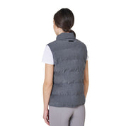Back view of a female model wearing the Grey Melange Equestro Quilted Wool Vest on a plain background