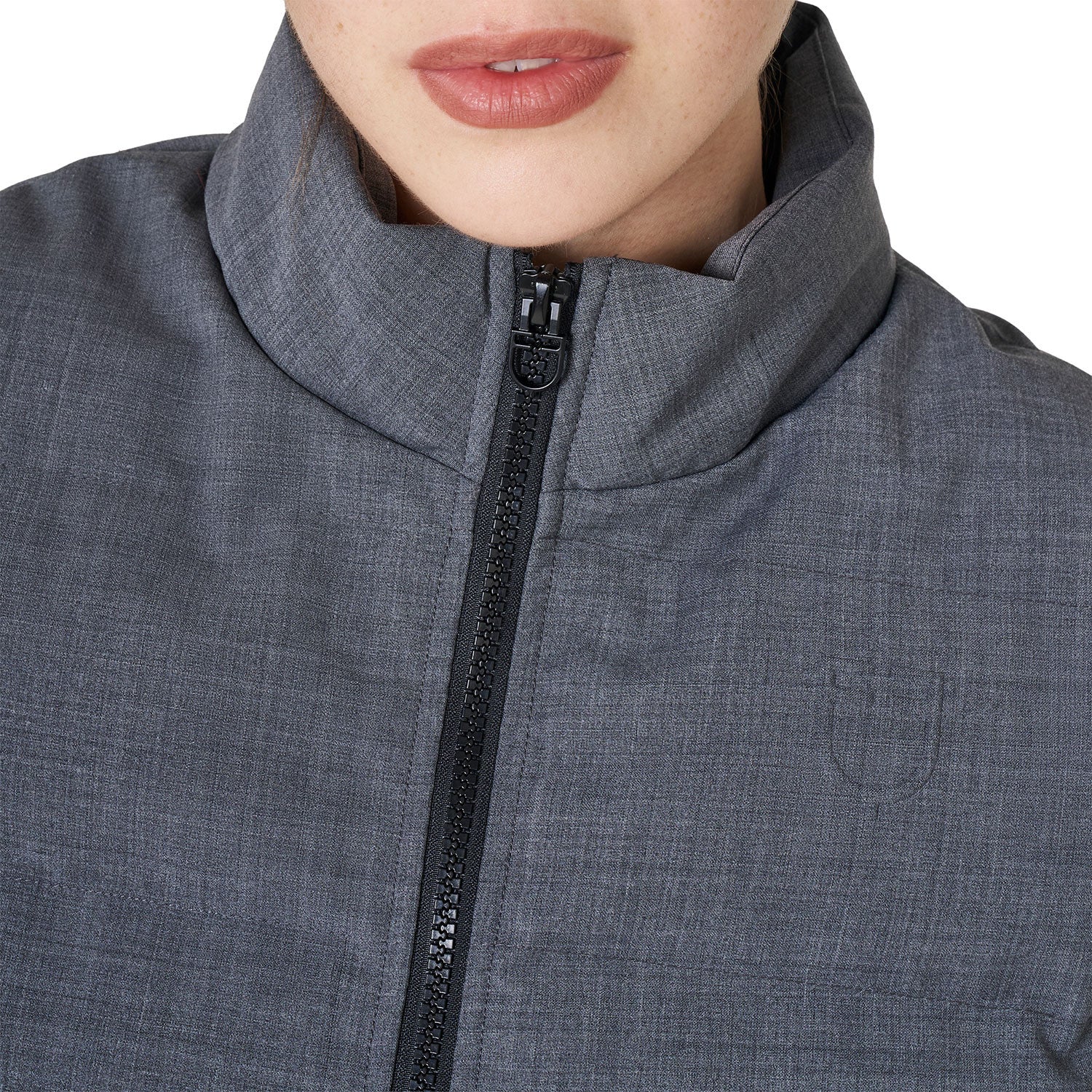 Close-up view of the mock neck on the Grey Melange Equestro Quilted Wool Vest as worn by a female model