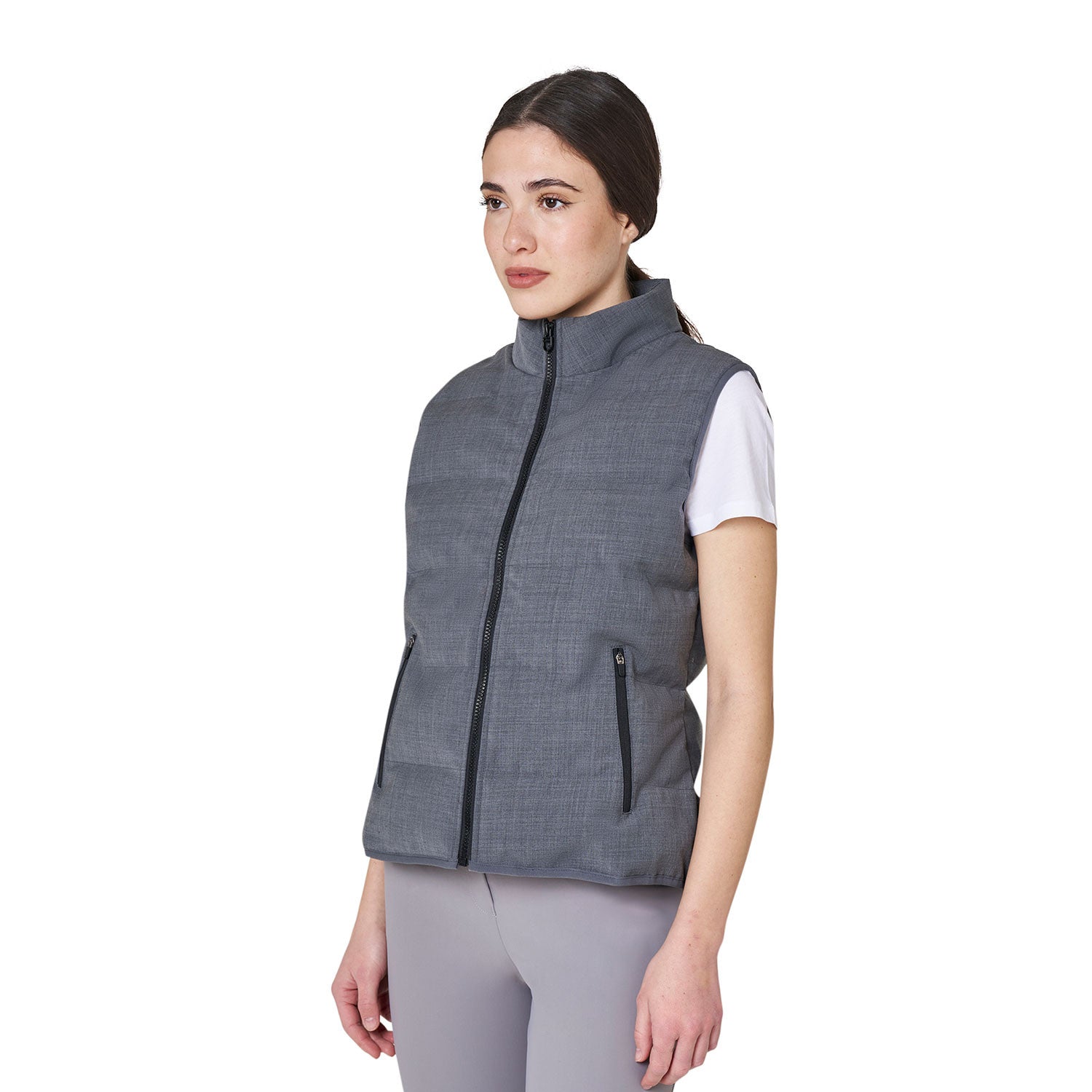 Front view of a female model wearing the Grey Melange Equestro Quilted Wool Vest on a plain background