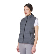 Front view of a female model wearing the Grey Melange Equestro Quilted Wool Vest on a plain background