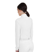 Back view of a female model wearing the White Equestro Perforated Long-Sleeve Competition Polo Shirt on a plain background