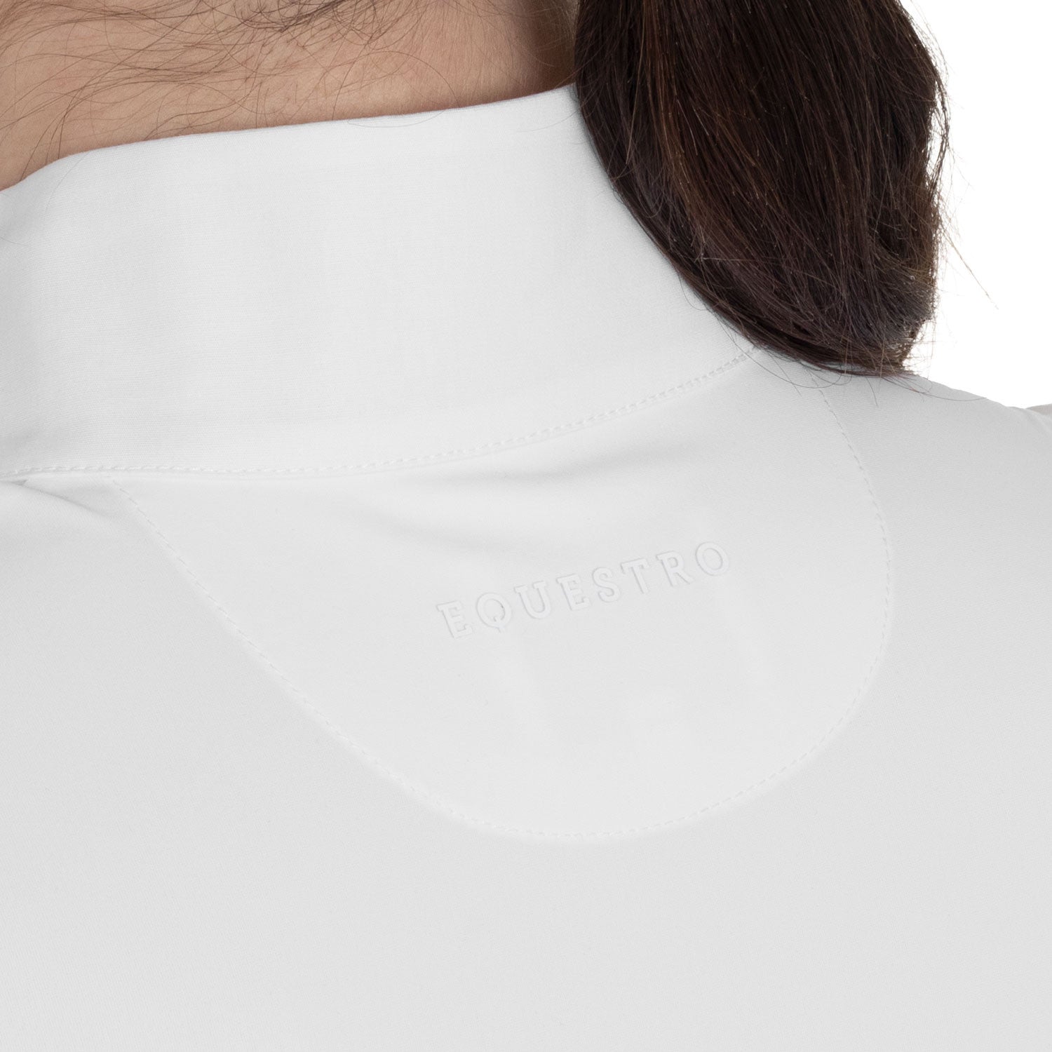 Close-up view of the Equestro name on the White Equestro Perforated Long-Sleeve Competition Polo Shirt