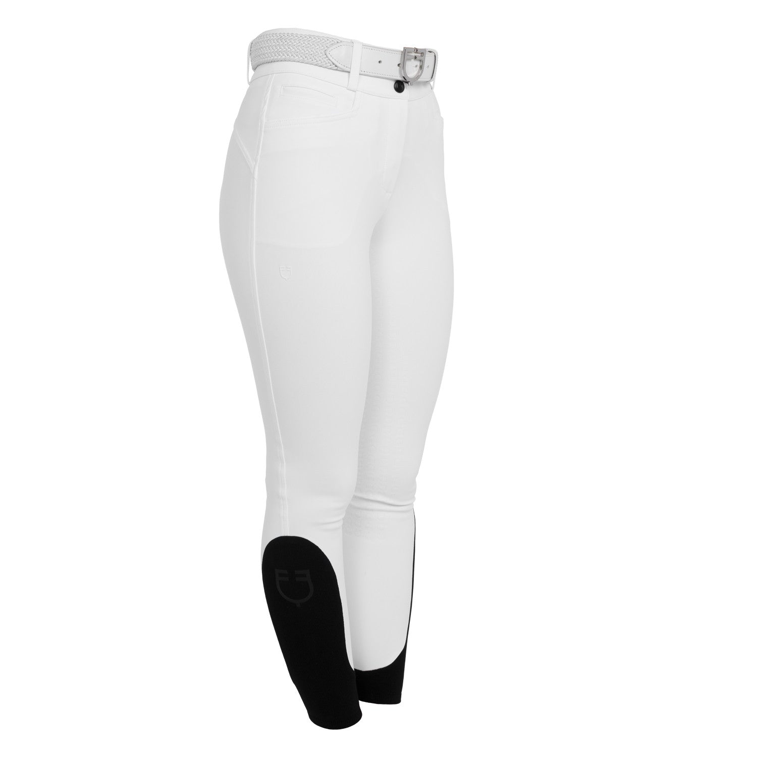 Angled front view of the White Equestro High-Waisted Full Grip Breeches on a plain background
