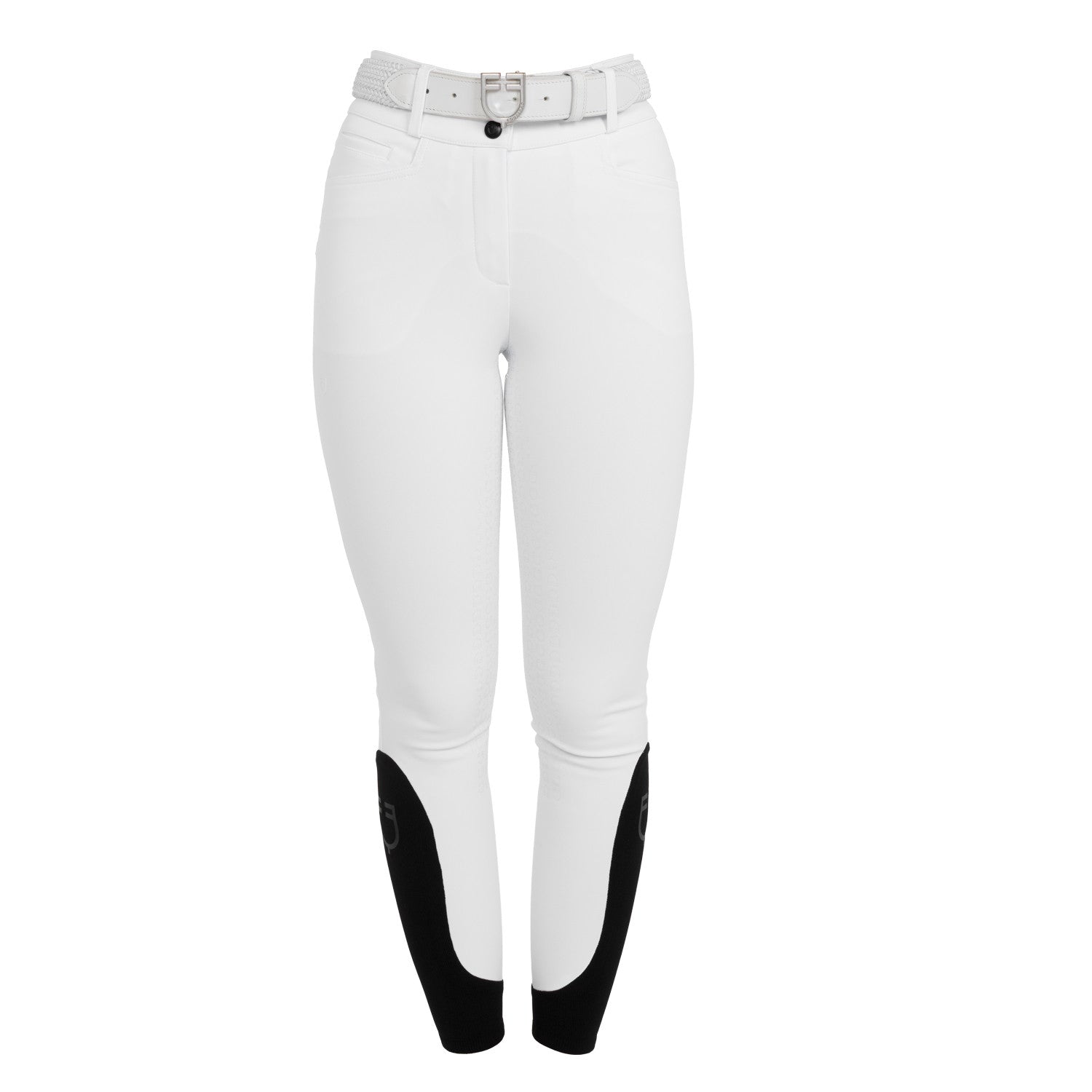 Front view of the White Equestro High-Waisted Full Grip Breeches on a plain background
