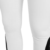 Close-up view of the silicone grip on the White Equestro High-Waisted Full Grip Breeches on a plain background