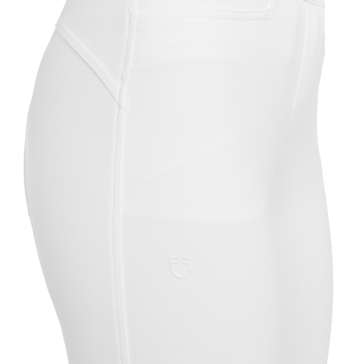 Close-up view of the Equestro logo on the White Equestro High-Waisted Full Grip Breeches