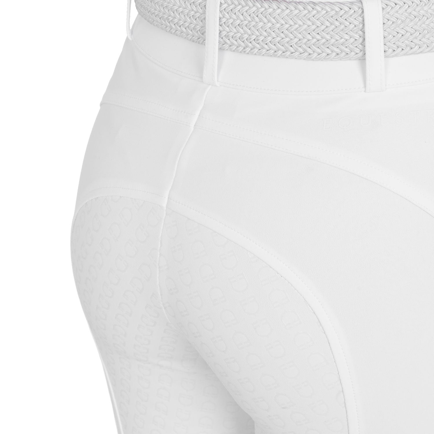 Close-up back view of the White Equestro High-Waisted Full Grip Breeches on a plain background