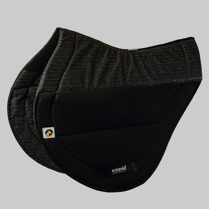 Side view of the black Ecogold Secure Cross Country Pad on a grey background