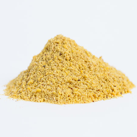 View of a small pile of Horse Guard Super Weight Gain powder on a plain background