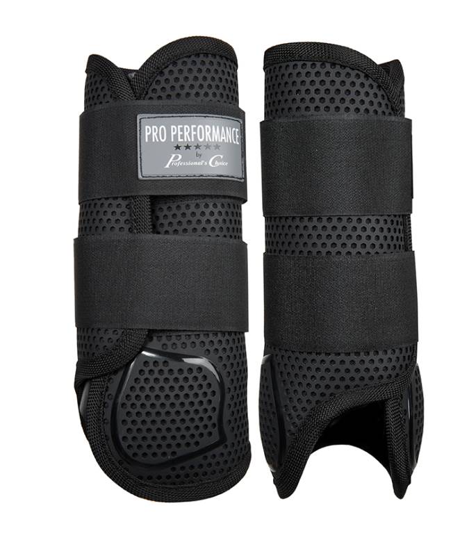 View of a pair of Black Professional's Choice Performance Elite Cross Country Front Boots on a white background