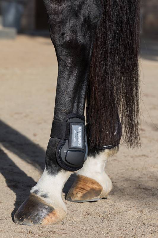 Close-up side view of a black horse wearing a pair of black Professional's Choice Pro Performance Open Rear Boots while standing in sand