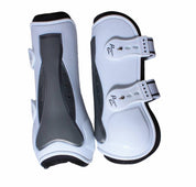 Side-by-side back and side view of the white TPU Professional's Choice Pro Performance Open Front Boots on a white background