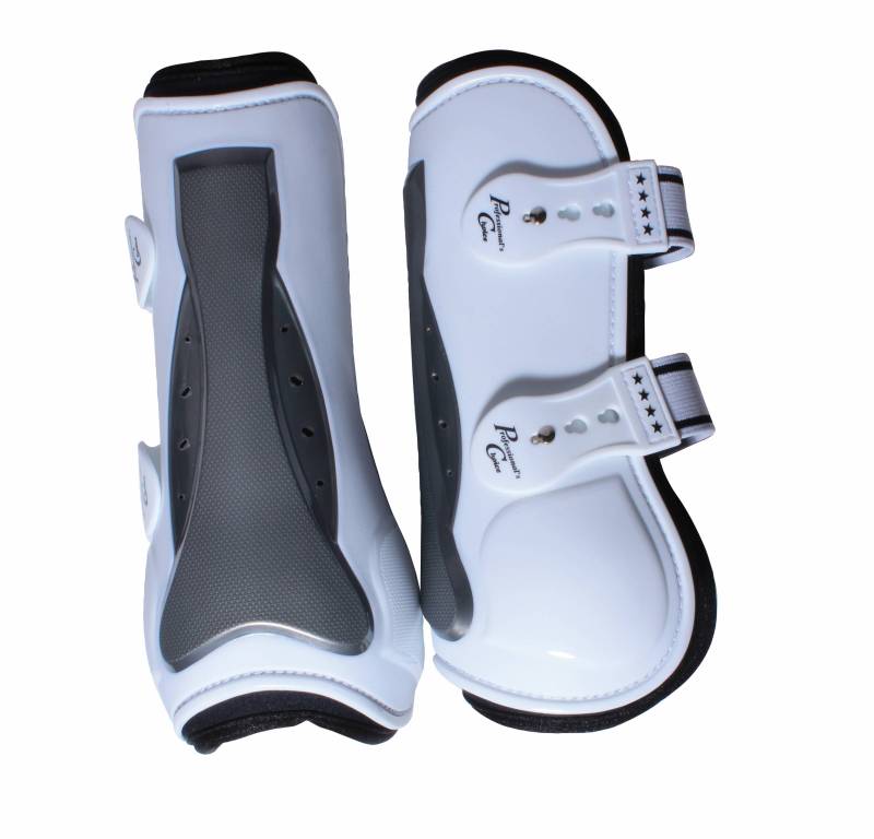 Side-by-side back and side view of the white TPU Professional's Choice Pro Performance Open Front Boots on a white background