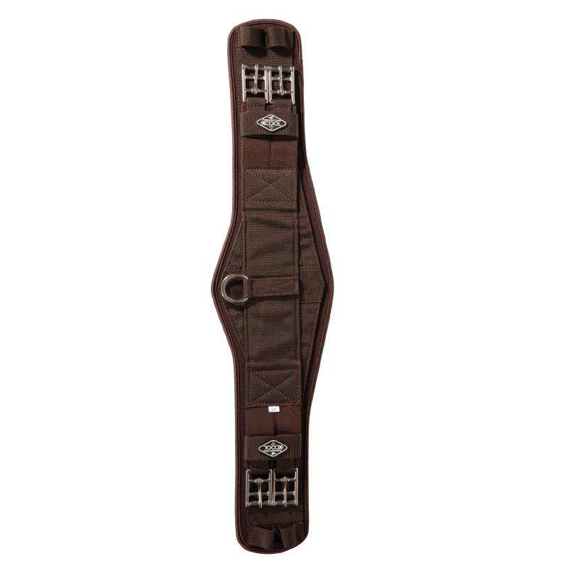 Professional’s Choice 2XCool Monoflap Girth in brown with contoured shape, stainless steel buckles, and center D-ring